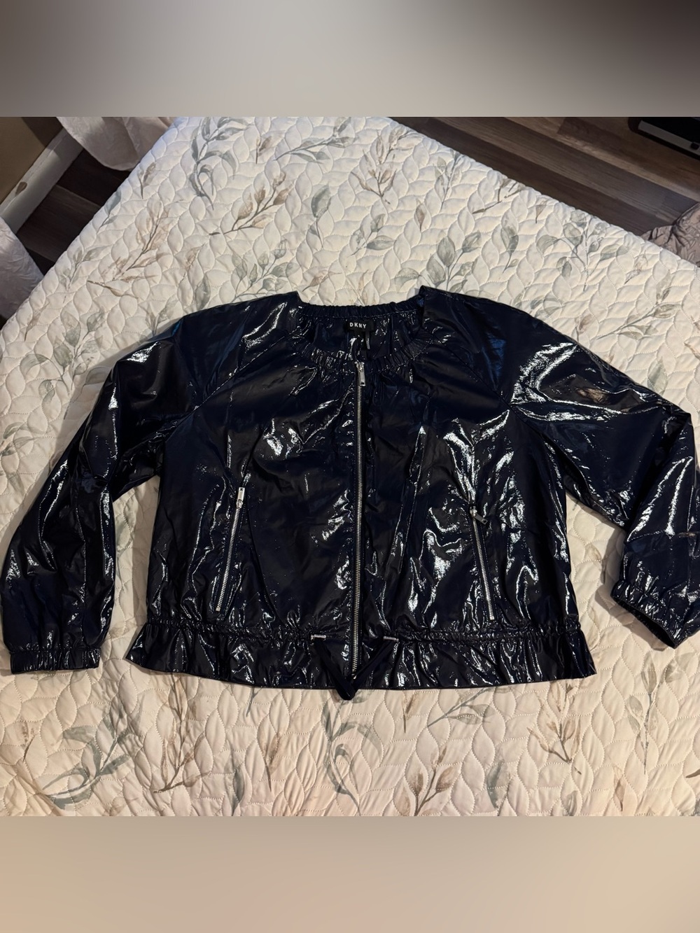 DKNY Shiny Faux Leather Drawstring Bomber Jacket Navy XL NWOT